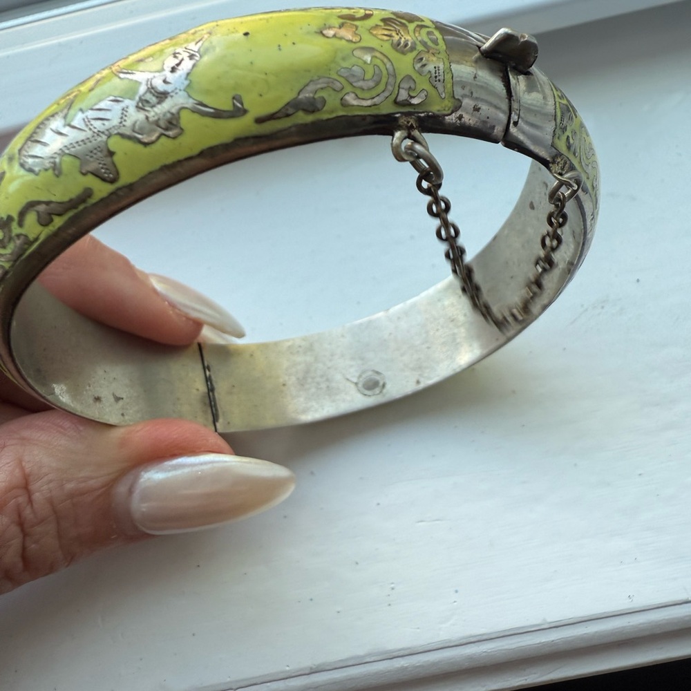 Vintage Yellow Enamel Silver Bangle with Elephant Design - Picture 5 of 14